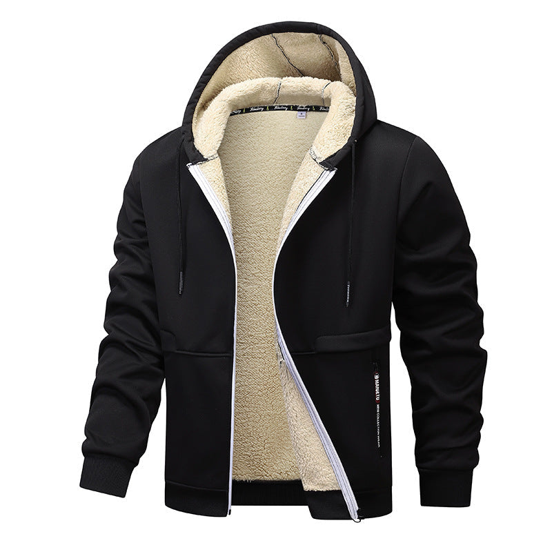 Black hoodie with beige fleece lining on a white background