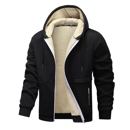 Black hoodie with beige fleece lining on a white background