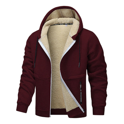 Maroon hoodie with beige fleece lining on a white background