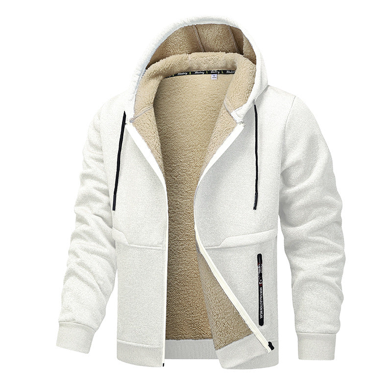 White hoodie with beige fleece lining on a white background