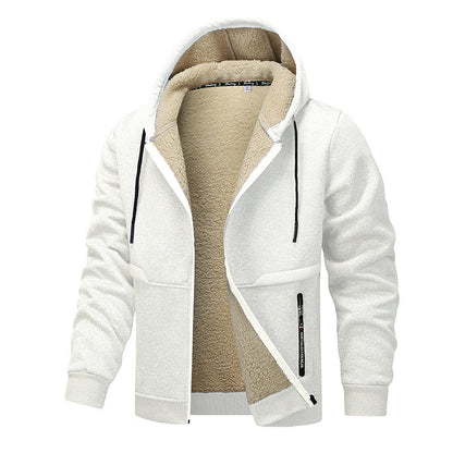 White hoodie with beige fleece lining on a white background