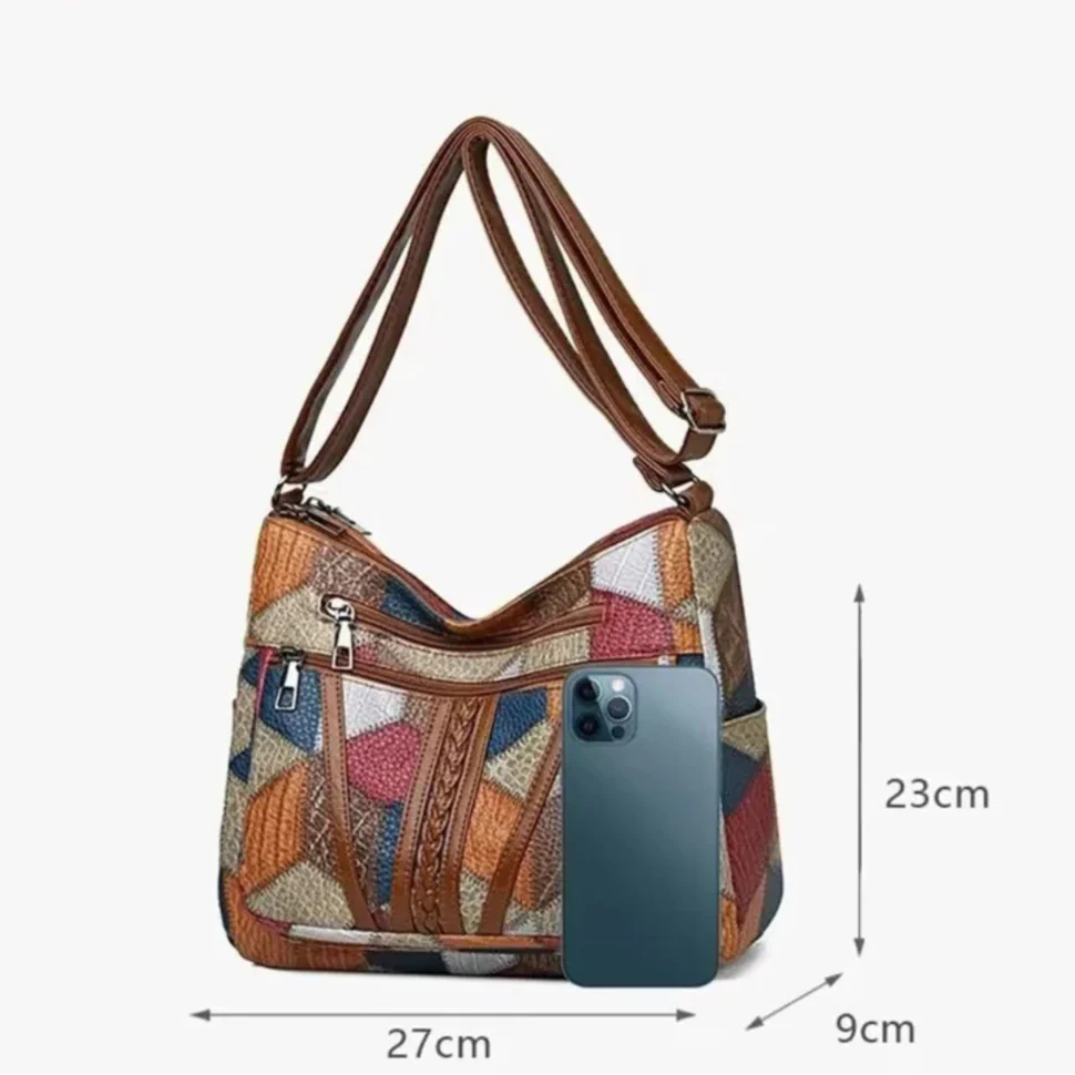 Multicolored patterned handbag with measurements on a white background