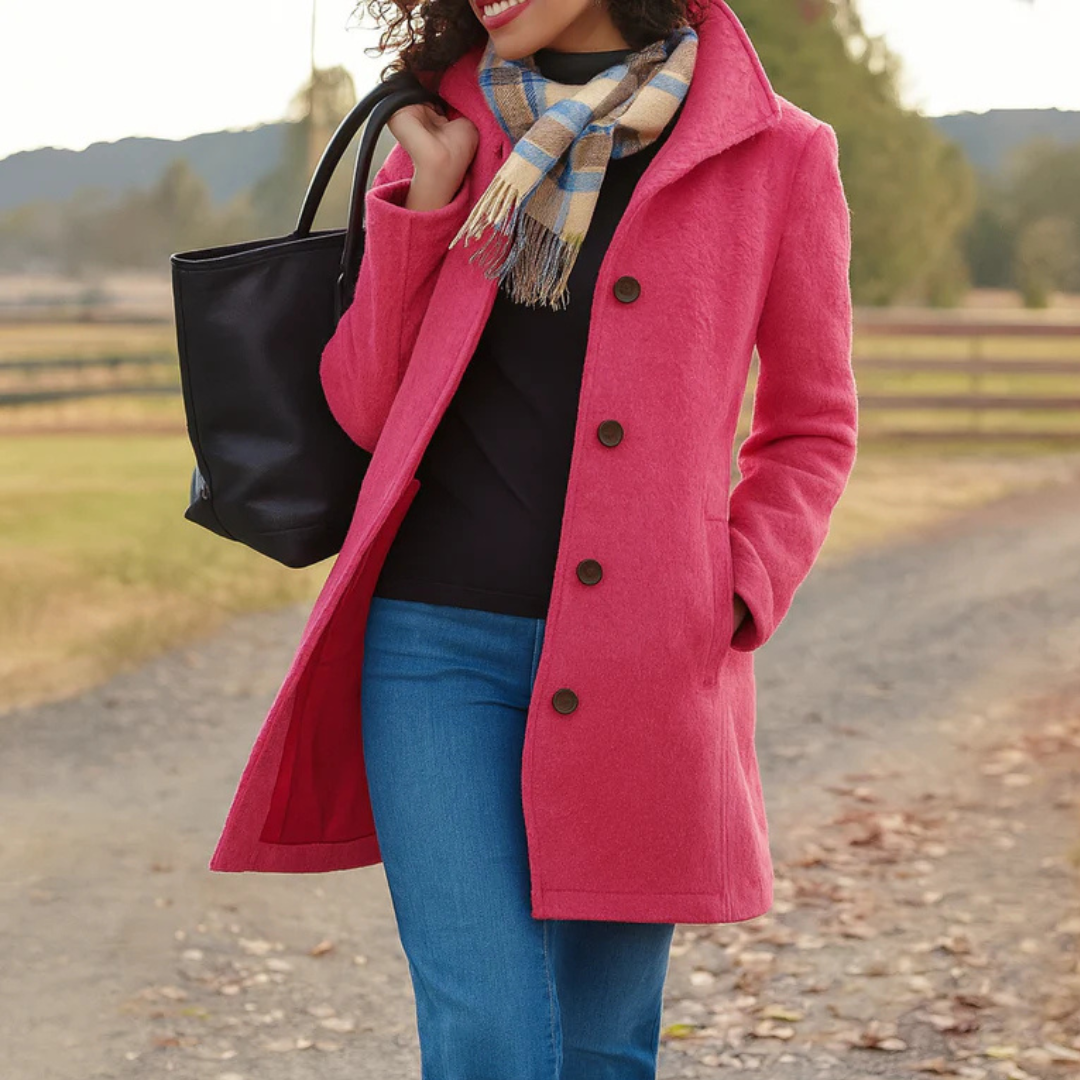 Woman wearing a pink coat with a black handbag and plaid scarf outdoors.