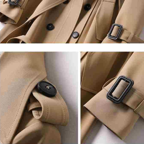 Collage of a beige trench coat with buttons and a belt buckle on a white background