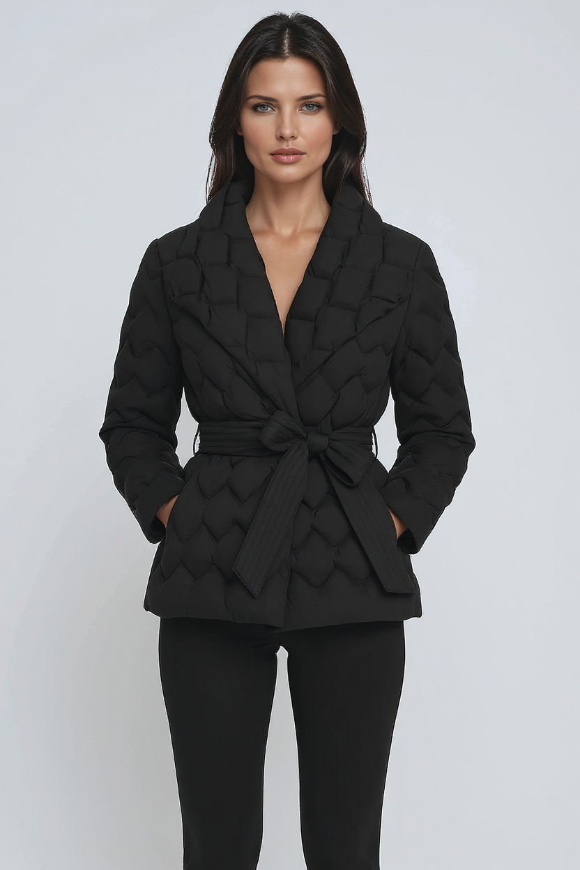 Woman wearing a black textured blazer and pants on a white background