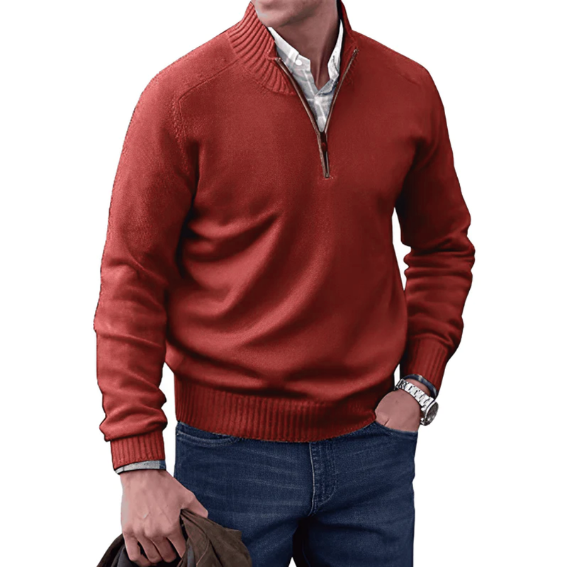 Red sweater worn by a person on a white background
