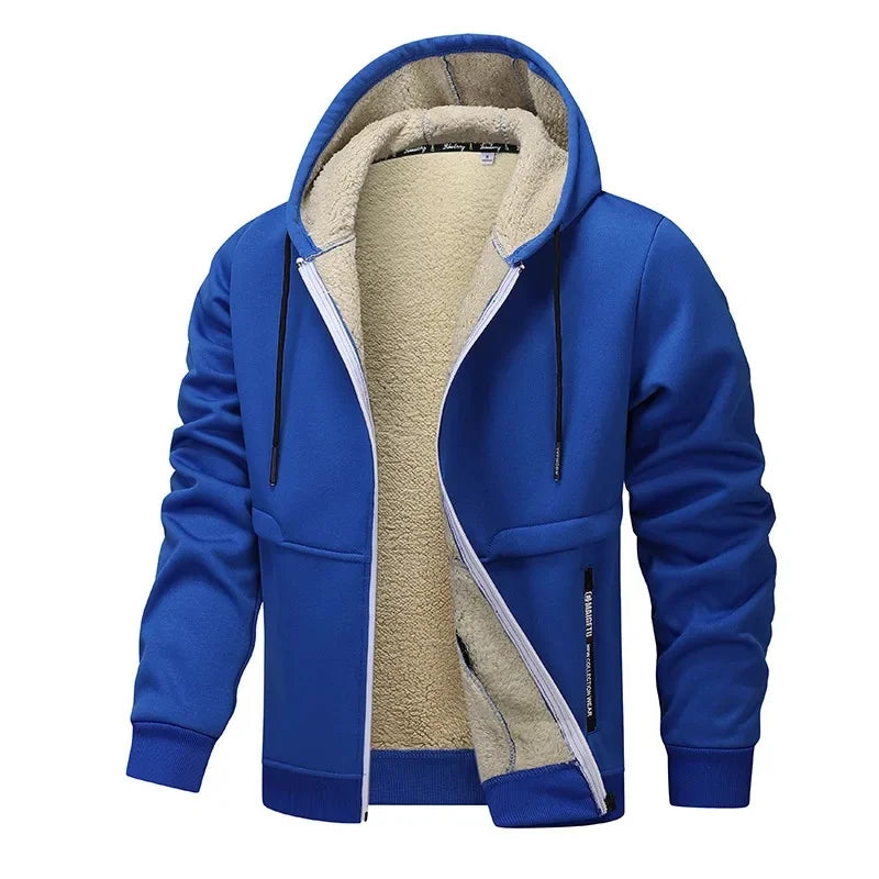 Blue hoodie with beige lining on a white background