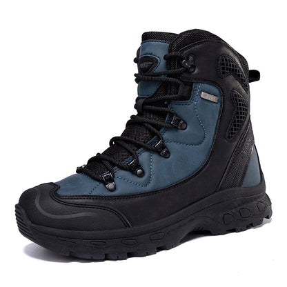 Blue and black hiking boot on a white background