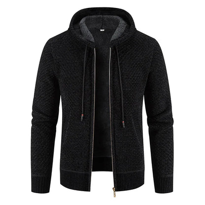 Black knitted hoodie with a zipper on a white background