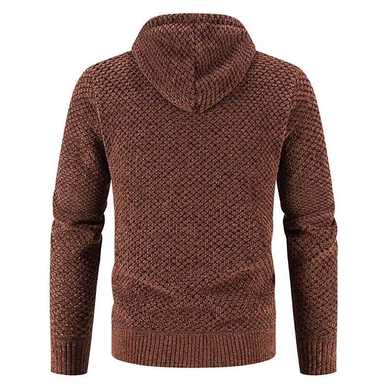 Brown knitted hoodie shown from the back on a white background
