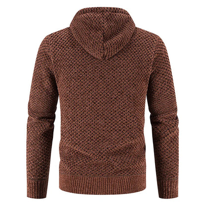 Brown knitted hoodie shown from the back on a white background