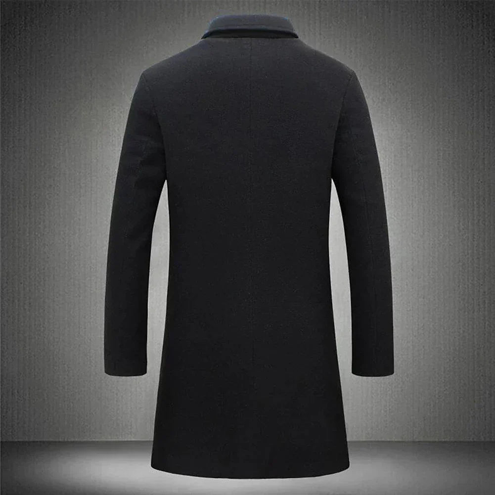 Black coat displayed against a gray background