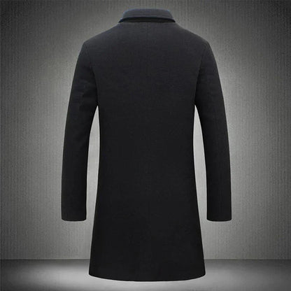 Black coat displayed against a gray background