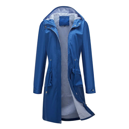 Blue raincoat with a hood on a white background
