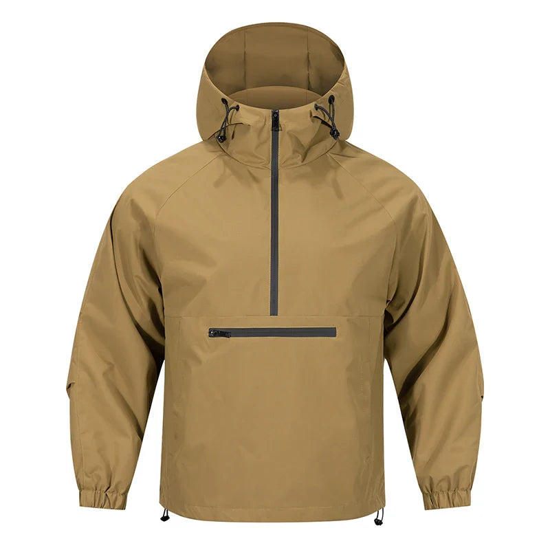 Tan jacket with a hood on a white background