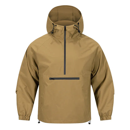Tan jacket with a hood on a white background