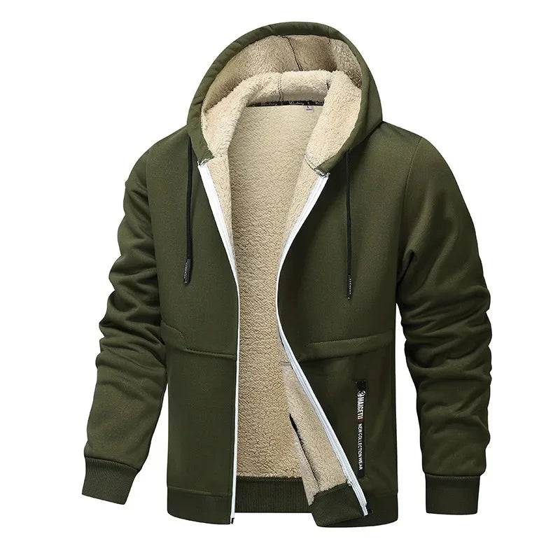 Green hoodie with beige fleece lining on a white background