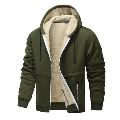 Green hoodie with beige fleece lining on a white background
