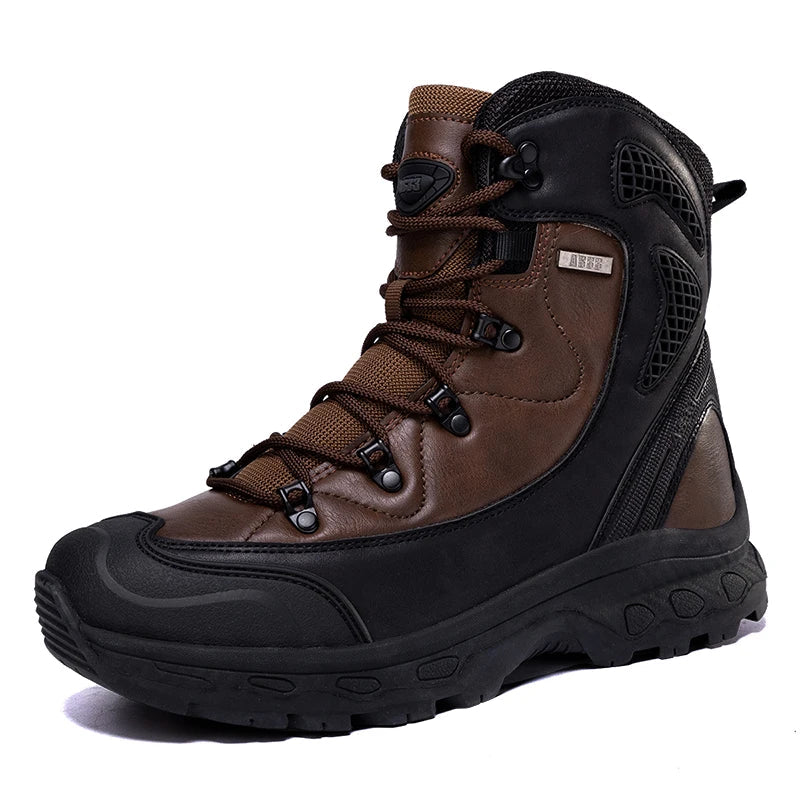 Brown and black boot with visible brand logo on a white background