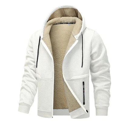 White jacket with beige fleece lining on a white background
