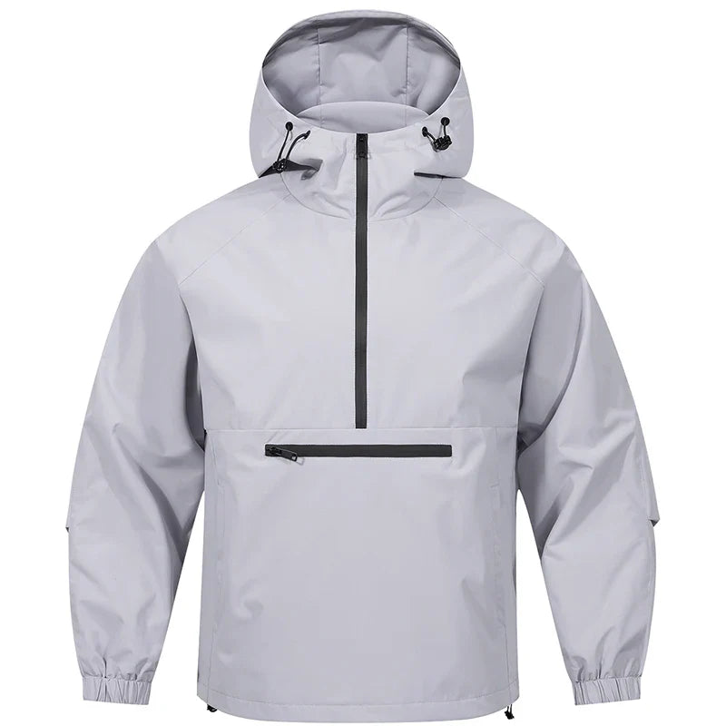 Light gray hooded jacket with black zippers on a white background