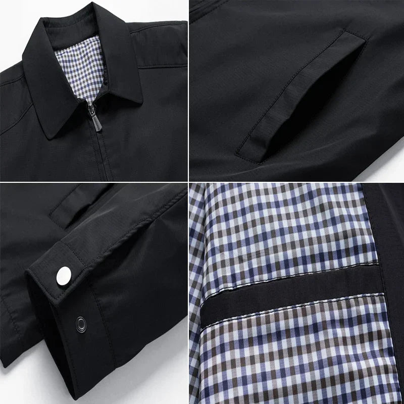 Collage of a black jacket with plaid lining and details.