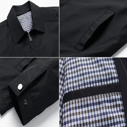 Collage of a black jacket with plaid lining and details.