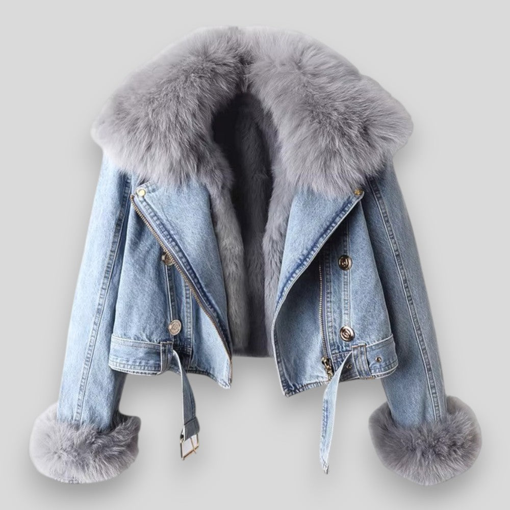 Denim jacket with fur trim on a light gray background