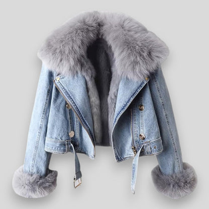 Denim jacket with fur trim on a light gray background