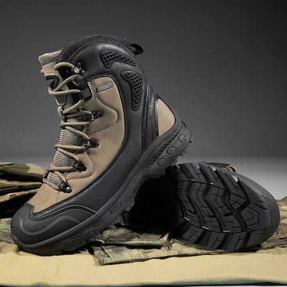 Tactical boots with black soles and beige sides on a camouflage background