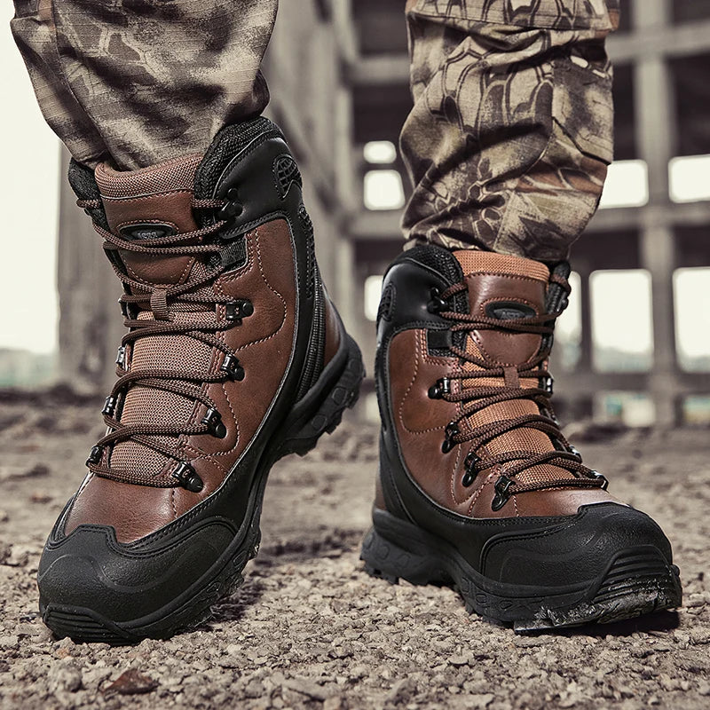 Brown hiking boots with black soles worn by a person in camouflage pants on a rocky ground.