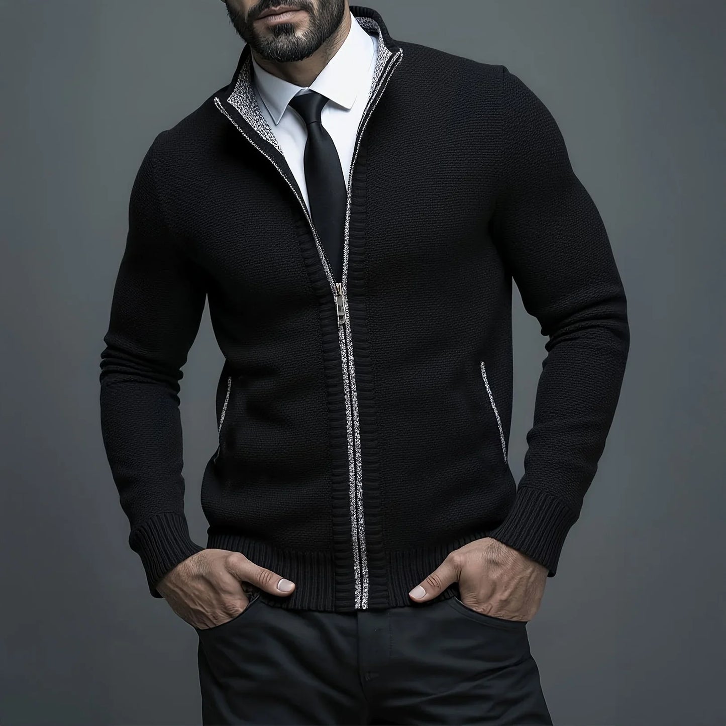 Man wearing a black zip-up sweater over a white shirt with a gray background