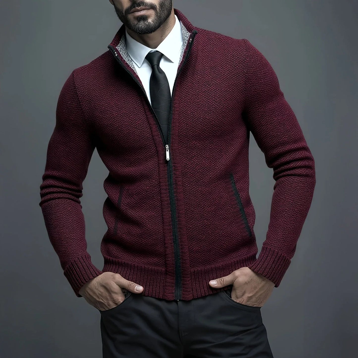 Man wearing a burgundy zip-up sweater over a white shirt with a black tie against a gray background