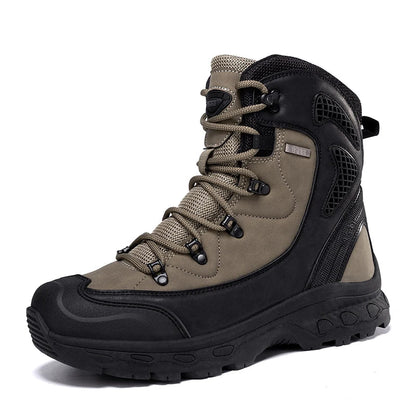 Tan and black hiking boot on a white background