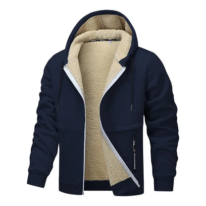 Navy blue hoodie with beige fleece lining on a white background