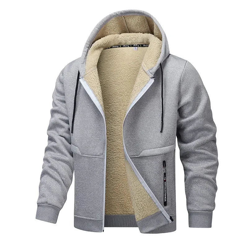 Gray hoodie with beige fleece lining on a white background