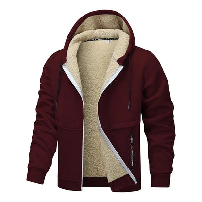 Maroon hoodie with beige fleece lining on a white background