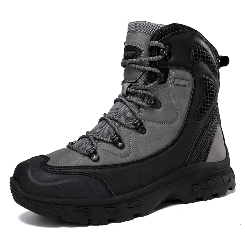 Gray and black hiking boot on a white background