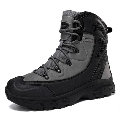 Gray and black hiking boot on a white background