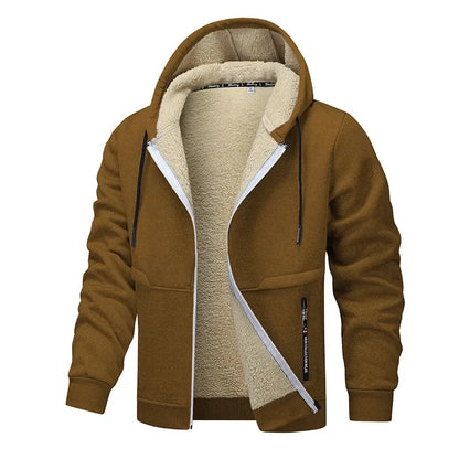 Brown hoodie with beige fleece lining on a white background