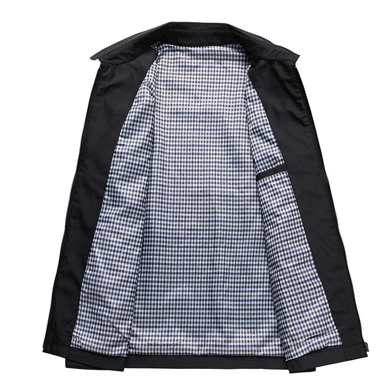 Black jacket with a plaid lining on a white background