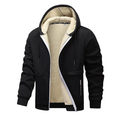 Black hoodie with beige fleece lining on a white background