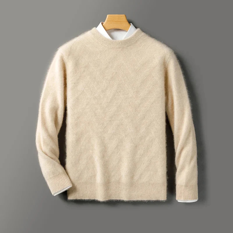 Beige sweater on a wooden hanger against a gray background