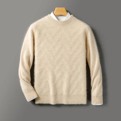 Beige sweater on a wooden hanger against a gray background