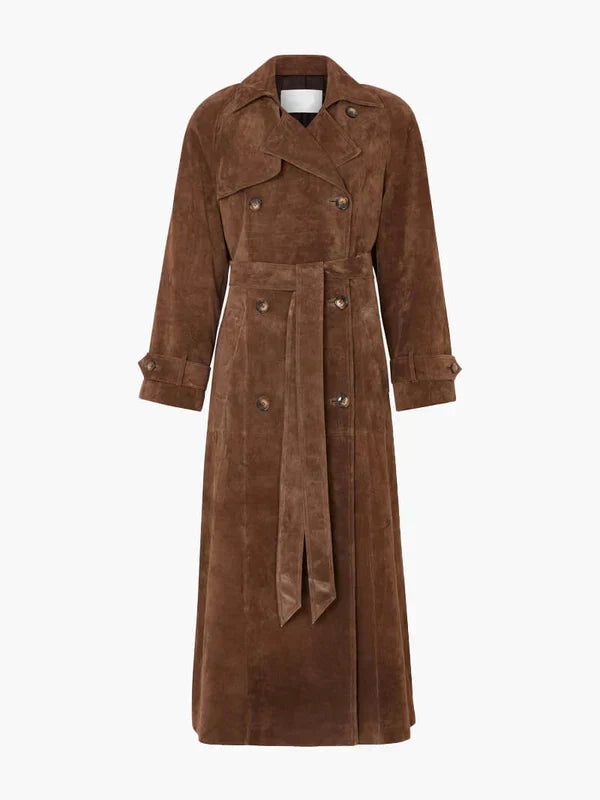 Brown suede trench coat on a white background