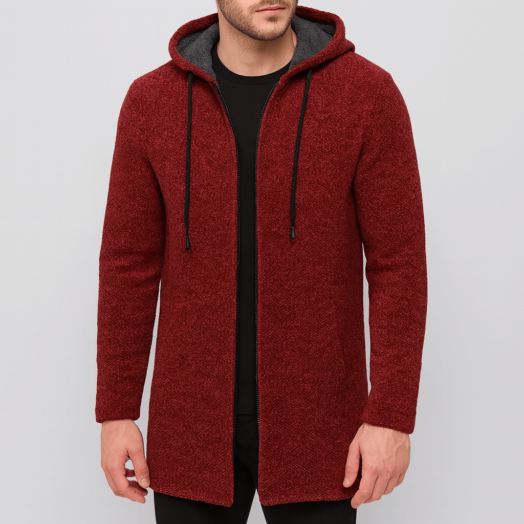 Red hooded coat worn by a person on a light gray background