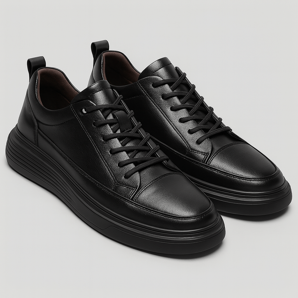 Pair of black leather sneakers on a light gray background