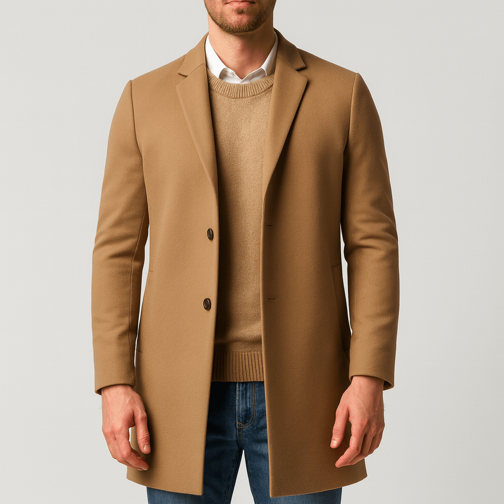 Man wearing a brown coat over a sweater and jeans on a light gray background