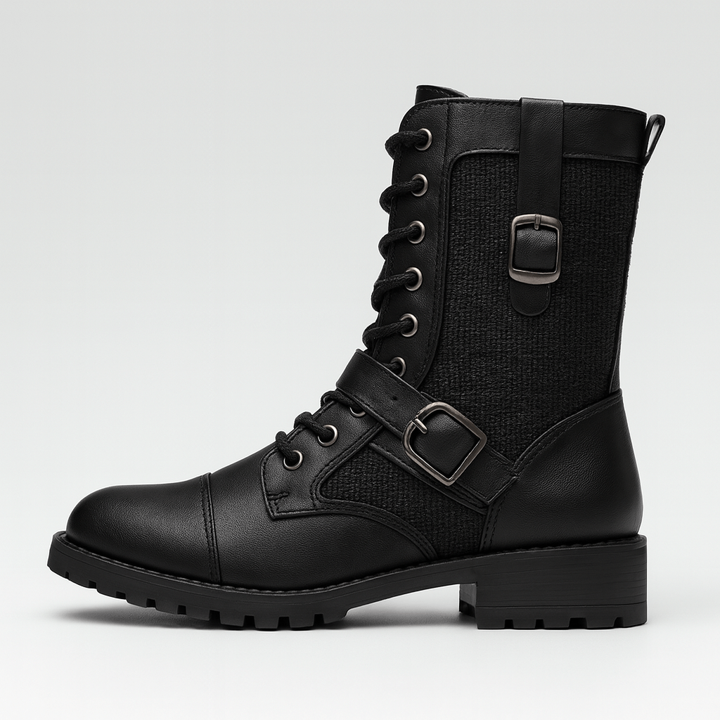 Black leather boot with buckles on a light gray background