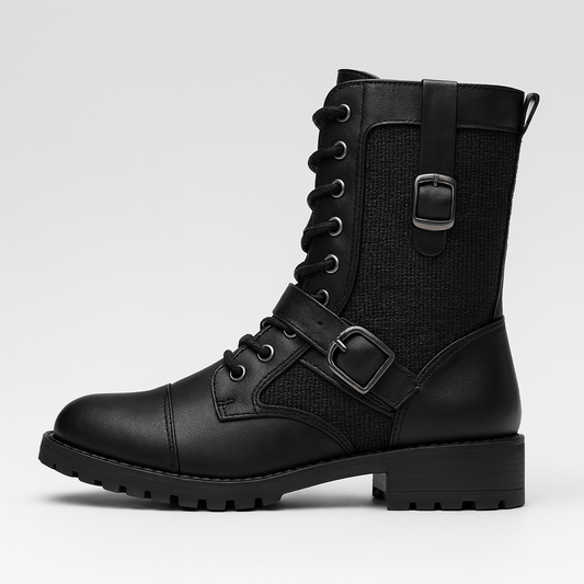 Black leather boot with buckles on a light gray background